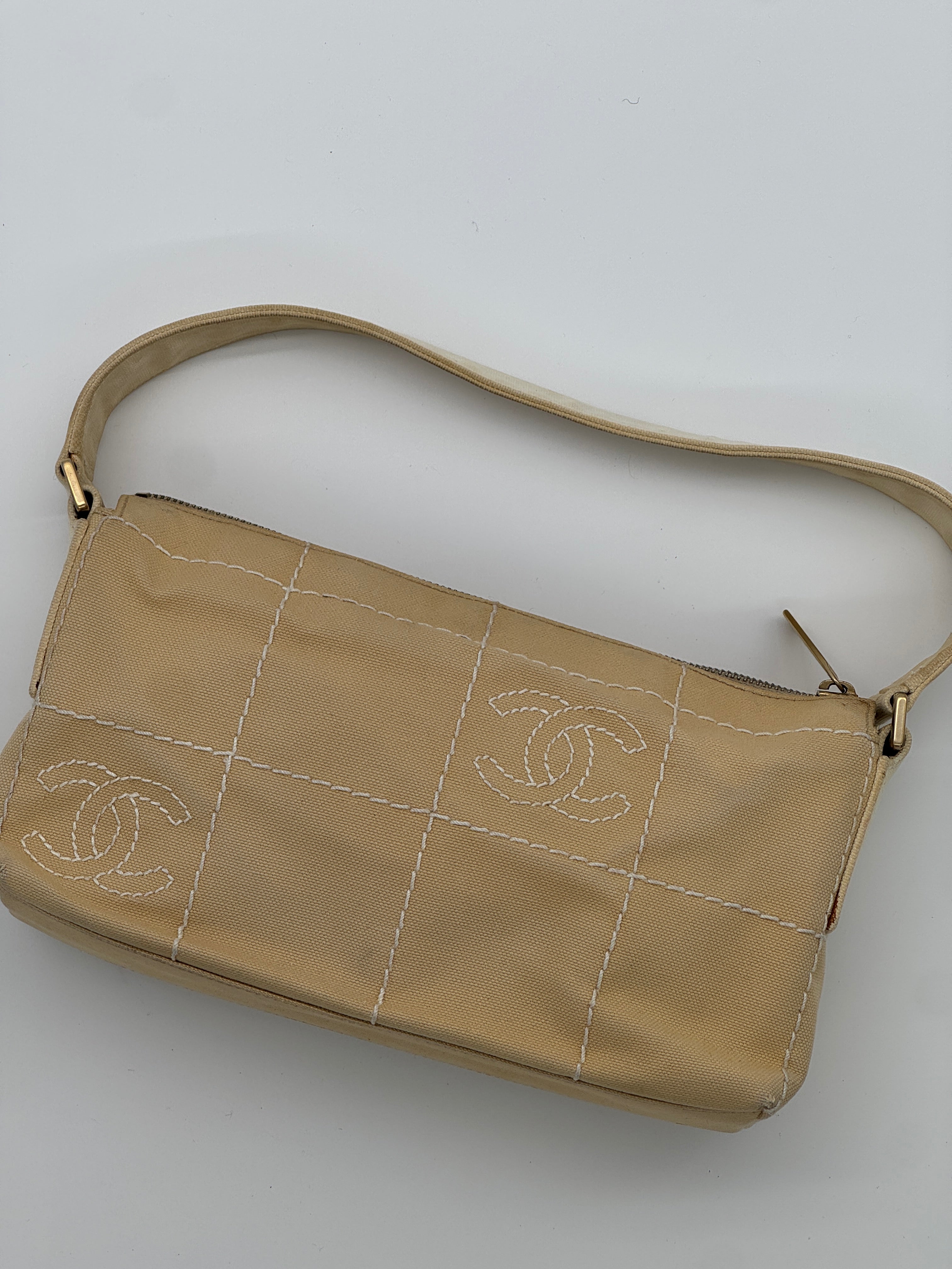 Chanel Beige Stitched Canvas Shoulder Bag