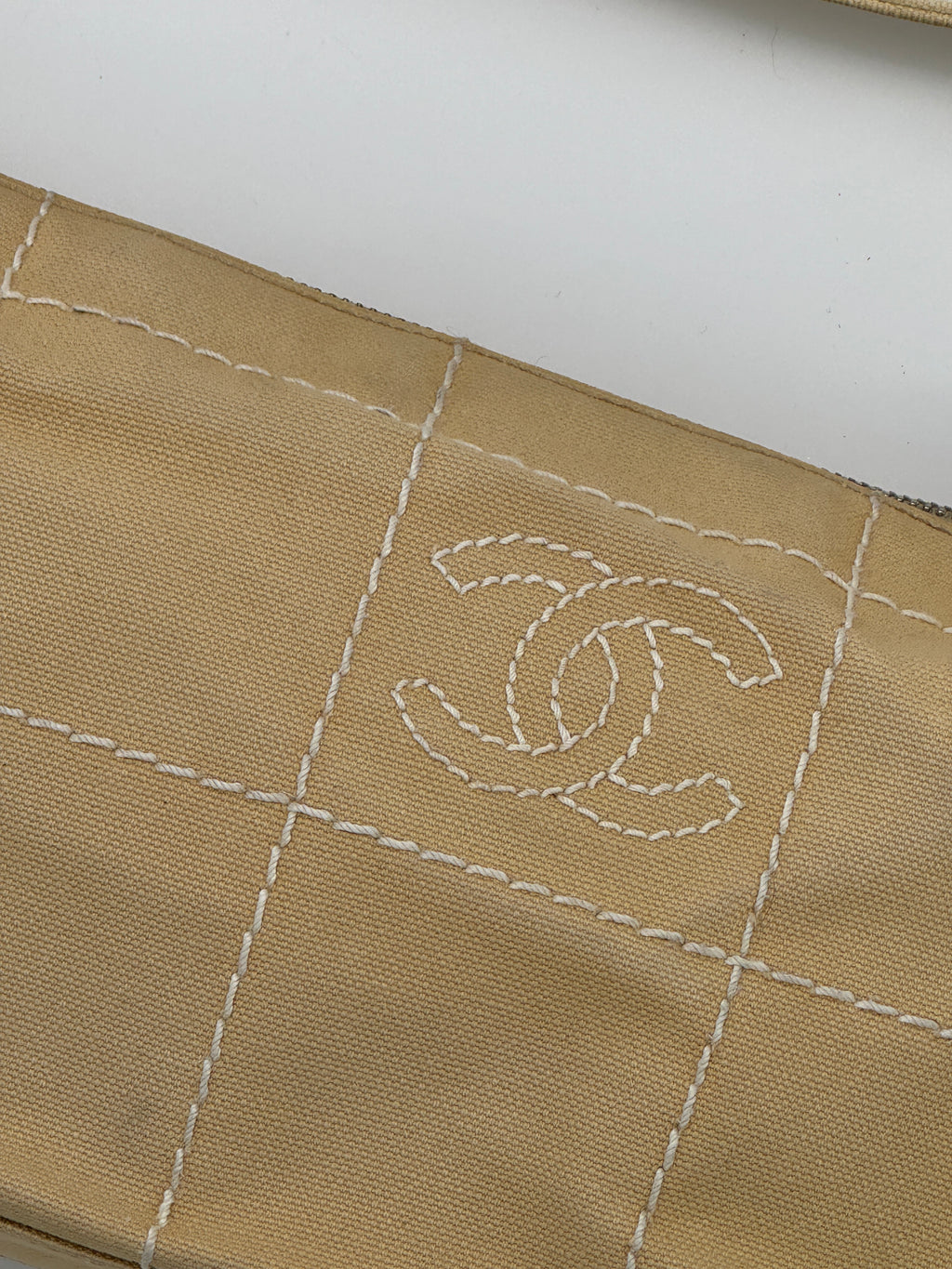 Chanel Beige Stitched Canvas Shoulder Bag