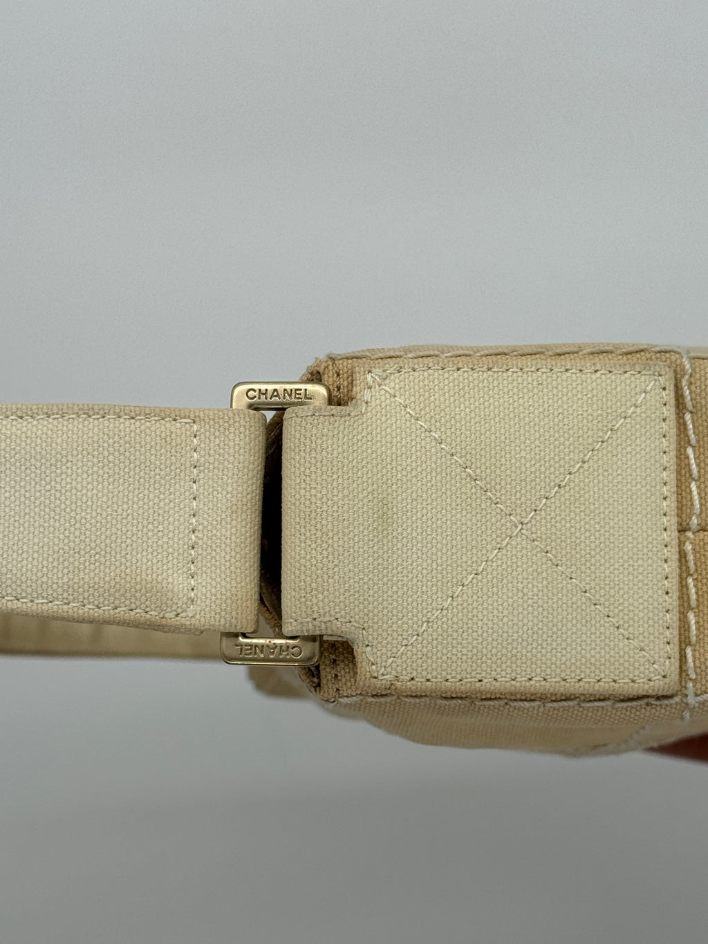 Chanel Beige Stitched Canvas Shoulder Bag