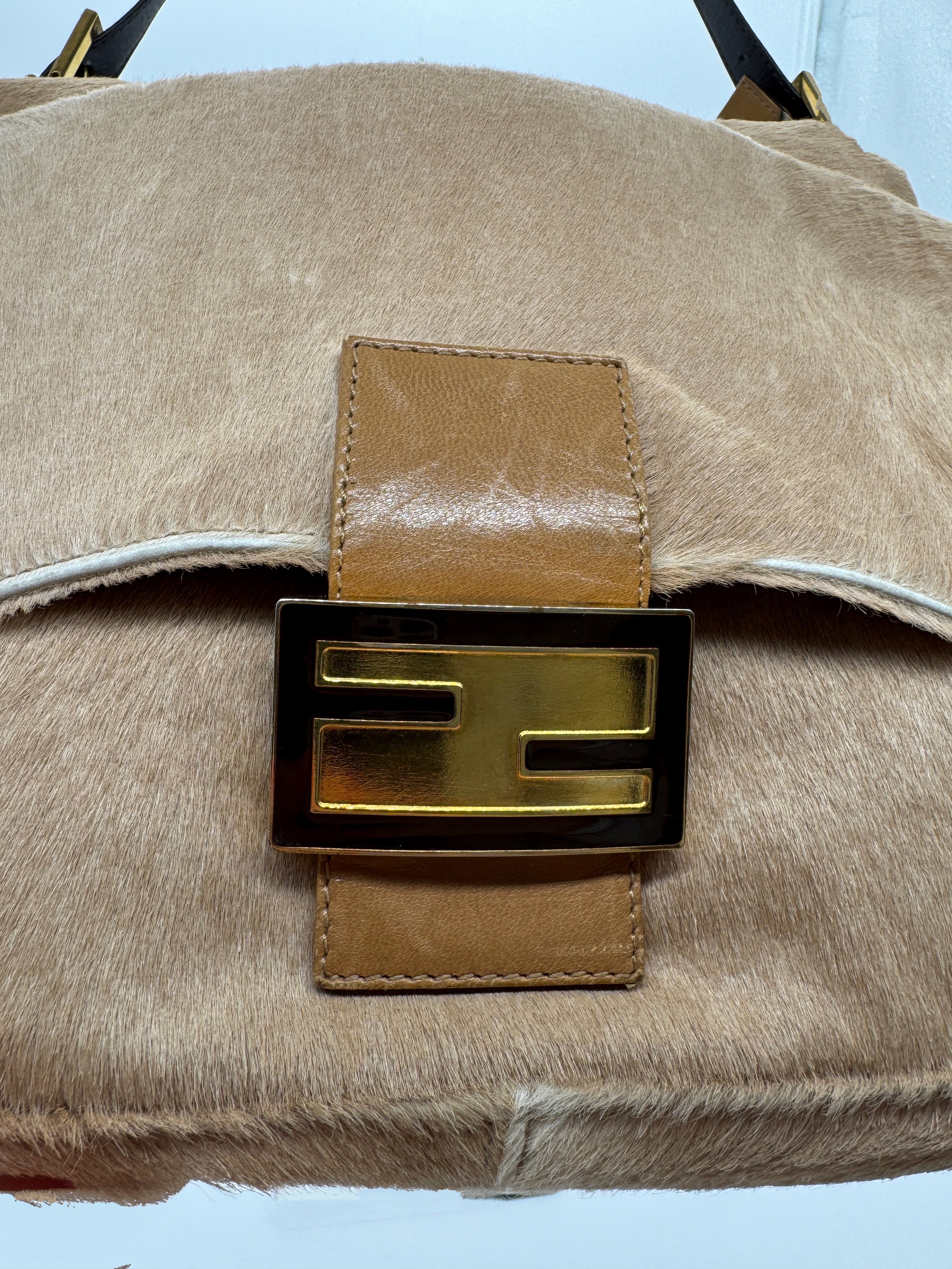 Fendi Mamma Baguette Shoulder Bag Zucca FF Logo Tan Pony-Style Calfskin