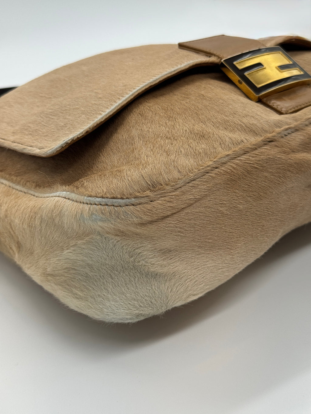 Fendi Mamma Baguette Shoulder Bag Zucca FF Logo Tan Pony-Style Calfskin