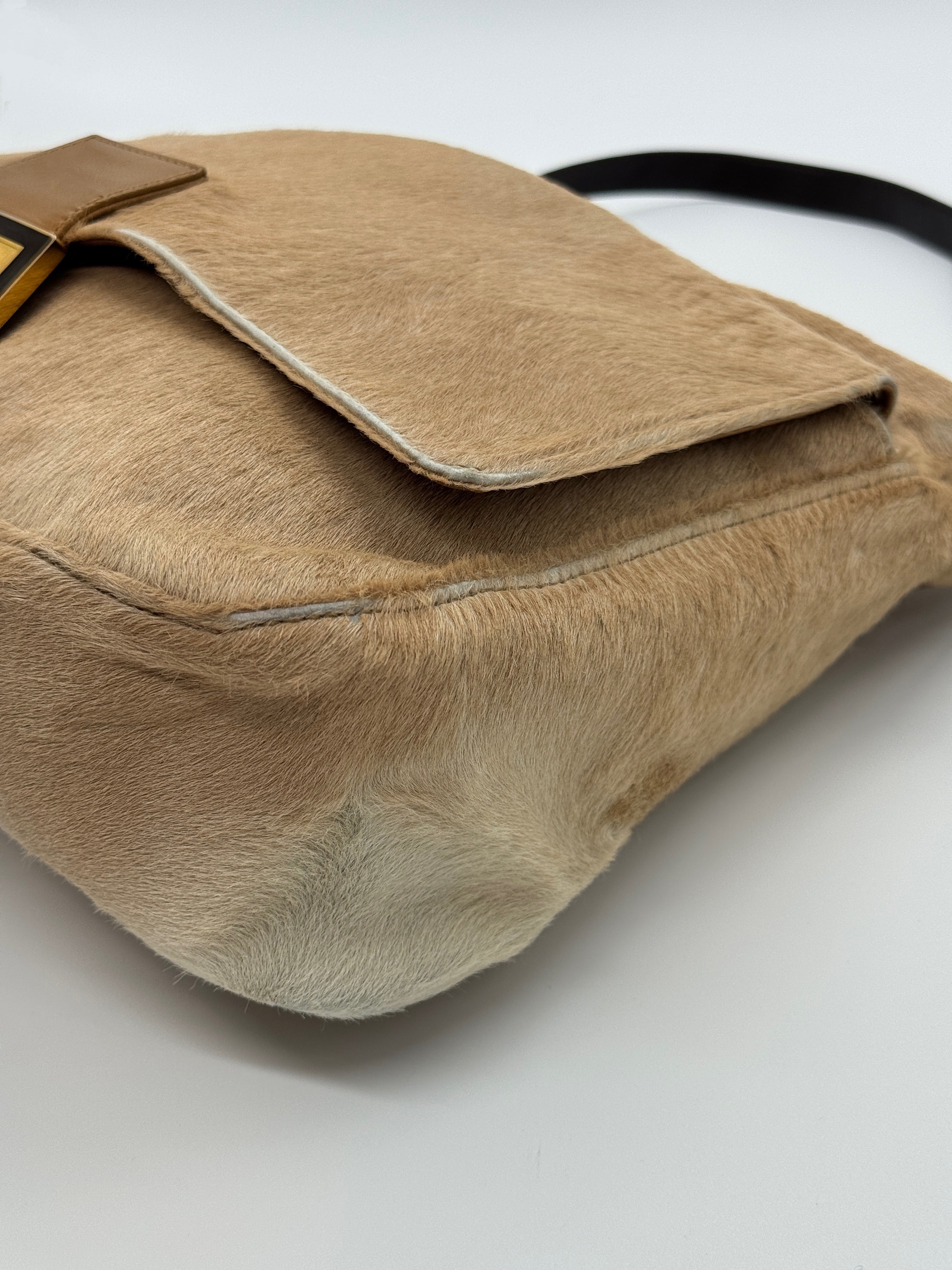 Fendi Mamma Baguette Shoulder Bag Zucca FF Logo Tan Pony-Style Calfskin