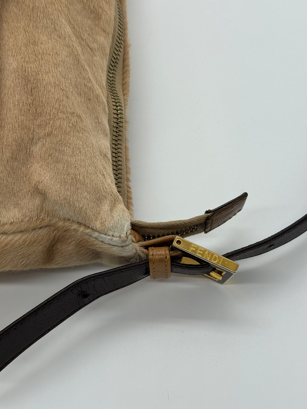 Fendi Mamma Baguette Shoulder Bag Zucca FF Logo Tan Pony-Style Calfskin