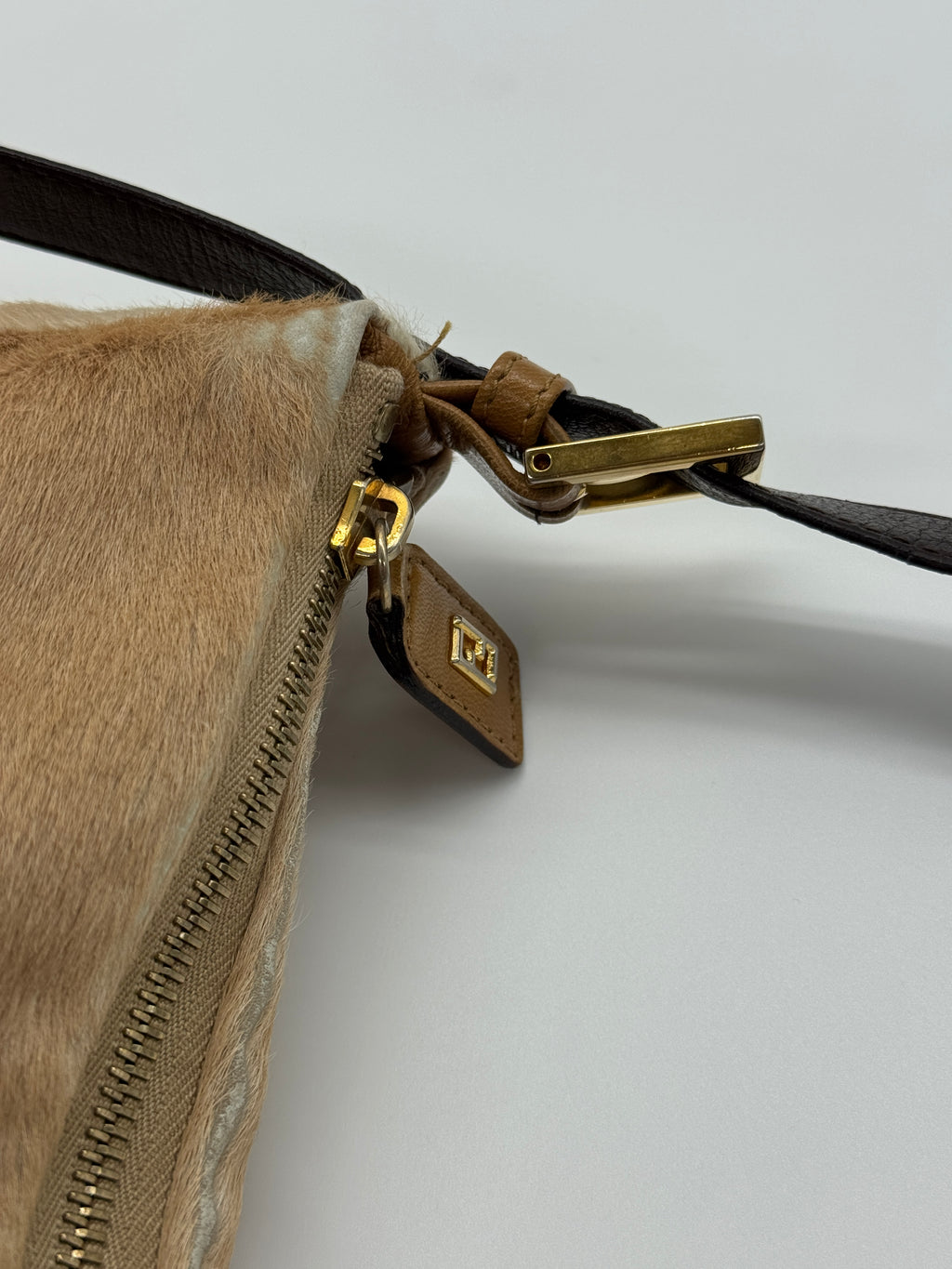 Fendi Mamma Baguette Shoulder Bag Zucca FF Logo Tan Pony-Style Calfskin