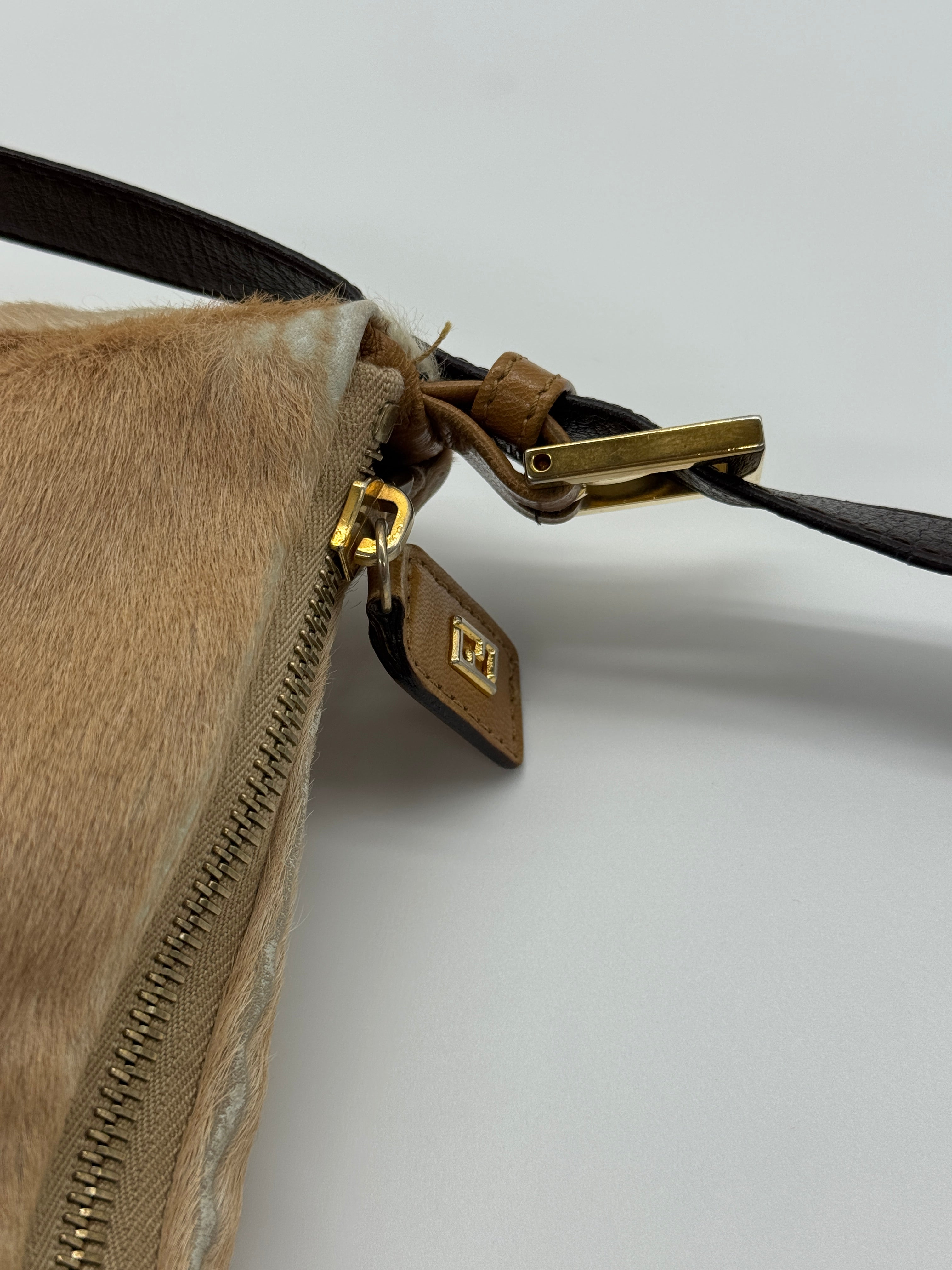 Fendi Mamma Baguette Shoulder Bag Zucca FF Logo Tan Pony-Style Calfskin