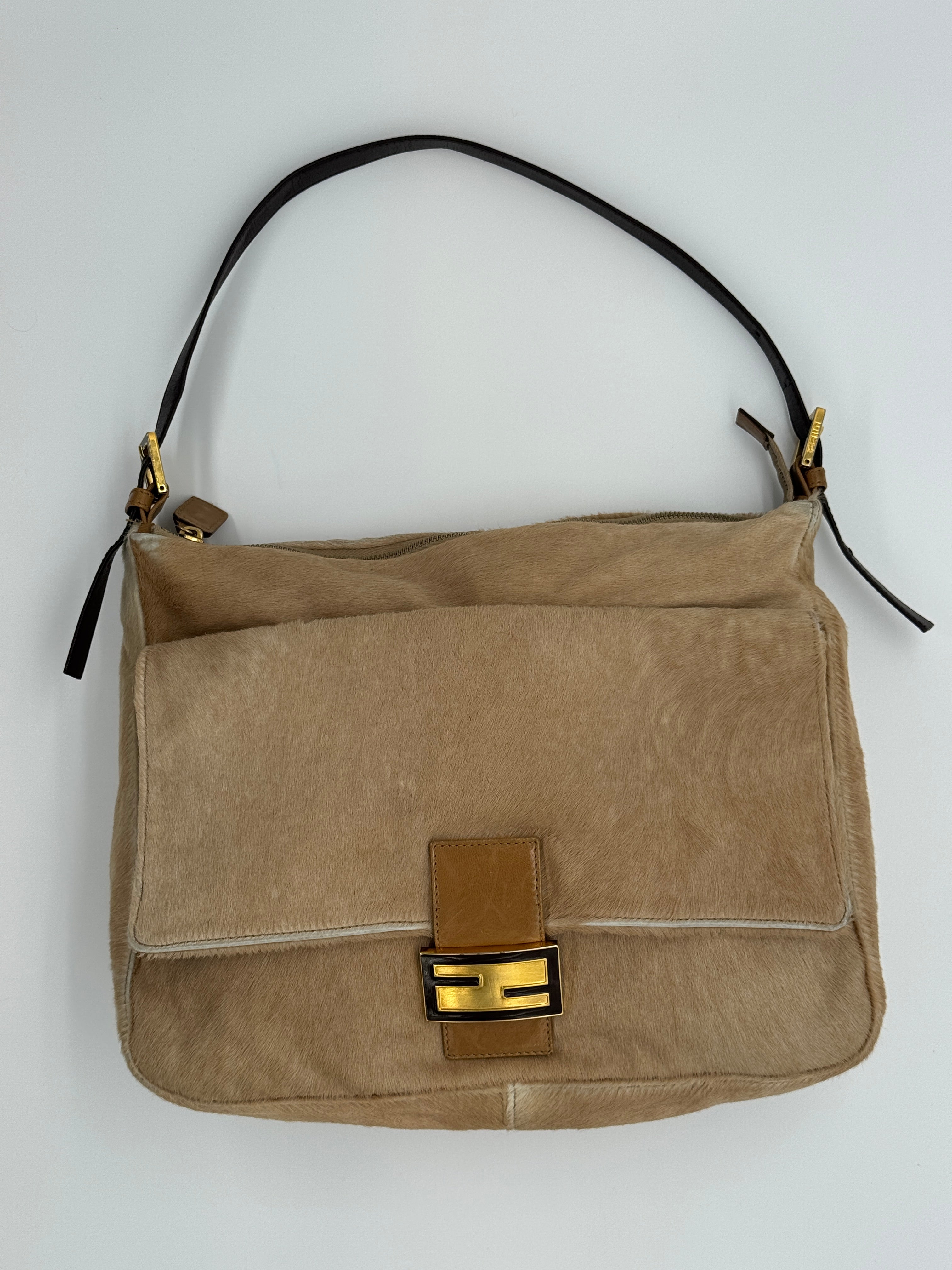 Fendi Mamma Baguette Shoulder Bag Zucca FF Logo Tan Pony-Style Calfskin