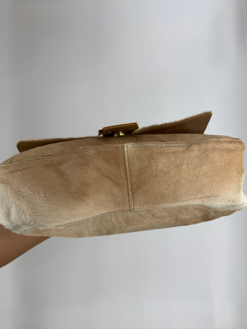 Fendi Mamma Baguette Shoulder Bag Zucca FF Logo Tan Pony-Style Calfskin