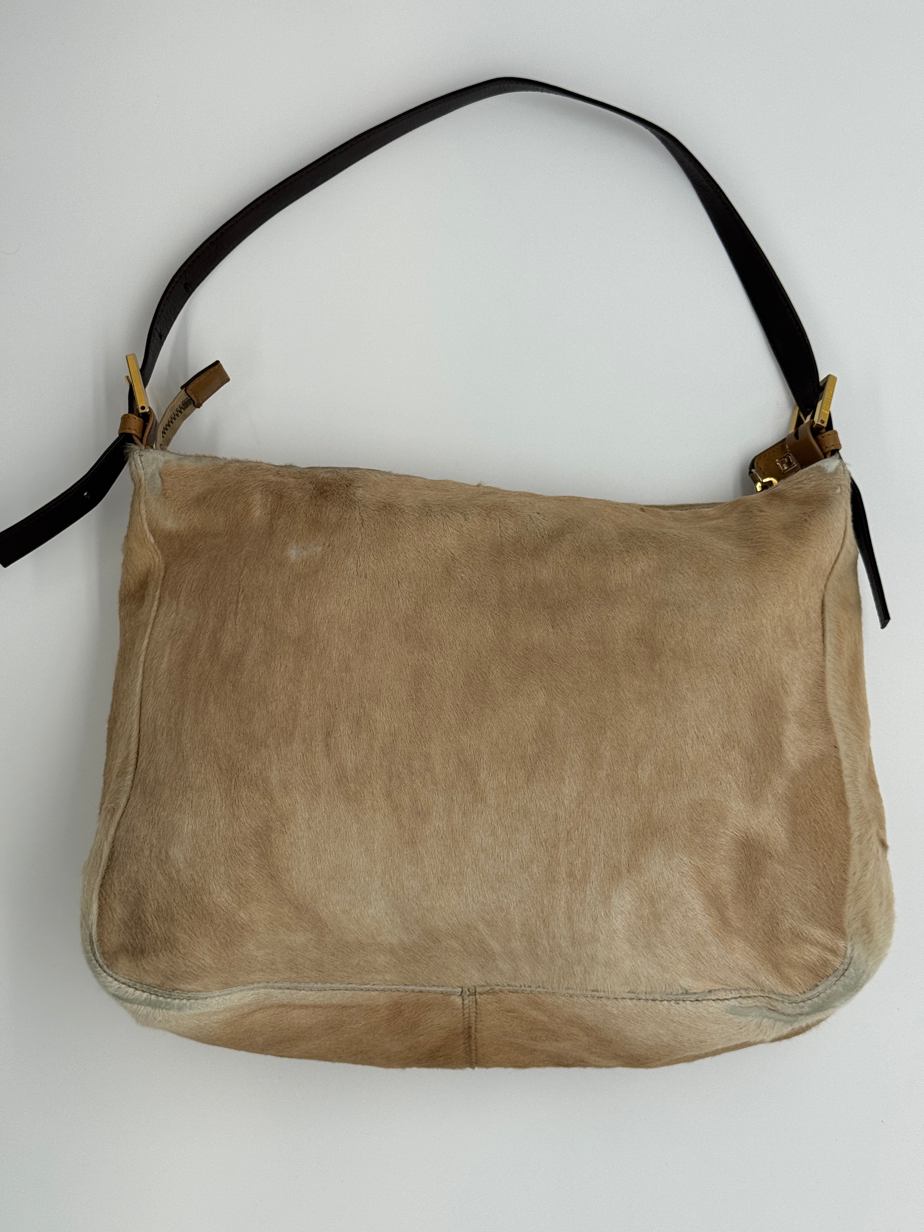 Fendi Mamma Baguette Shoulder Bag Zucca FF Logo Tan Pony-Style Calfskin