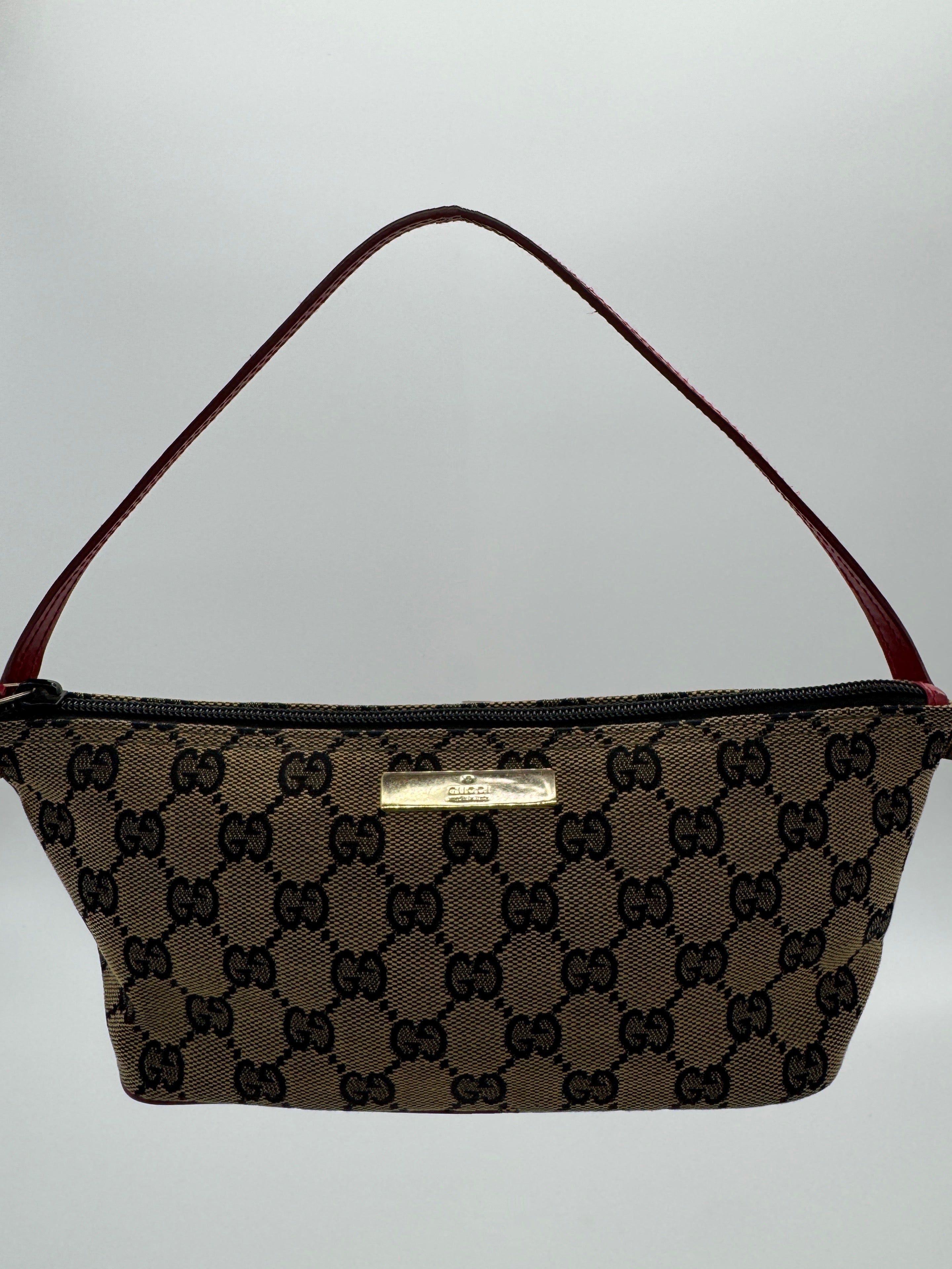 Gucci GG Boat Pochette in Brown with Red LeatherTrim