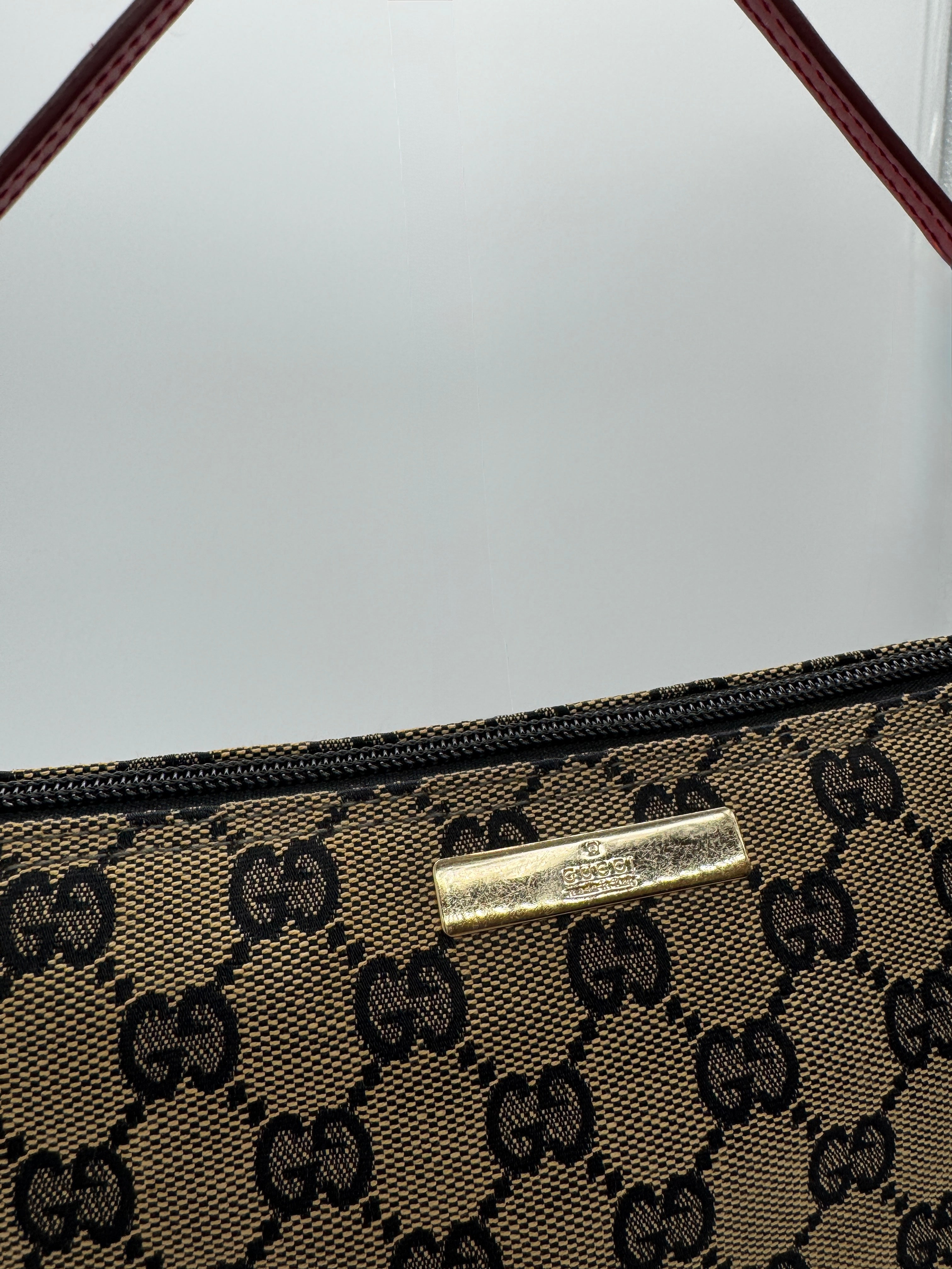 Gucci GG Boat Pochette in Brown with Red LeatherTrim