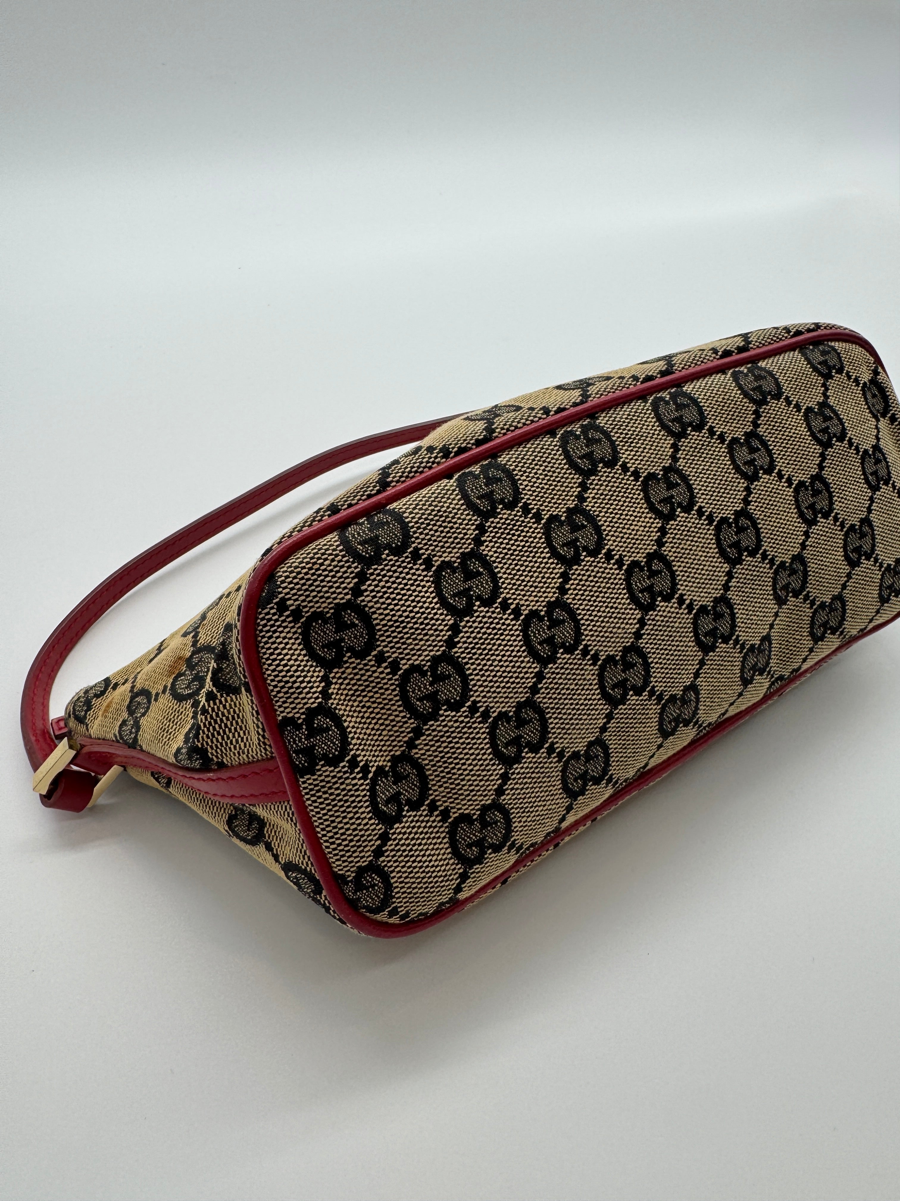 Gucci GG Boat Pochette in Brown with Red LeatherTrim